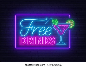 Free drinks neon sign on brick wall background.