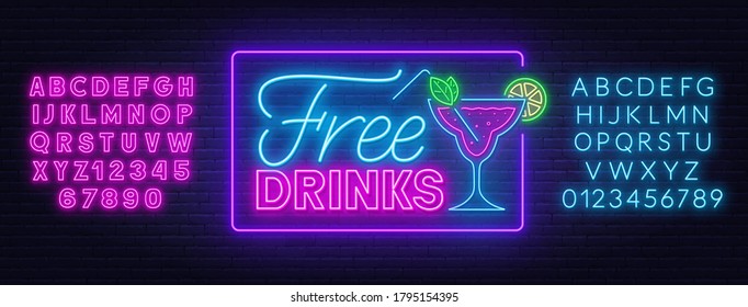 Free drinks neon sign on brick wall background.