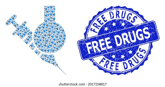 Free Drugs grunge round seal and vector fractal mosaic chemical vaccine. Blue stamp seal has Free Drugs title inside round shape. Vector mosaic is made of random chemical vaccine icons.