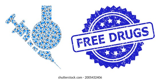 Free Drugs grunge seal print and vector recursive collage chemical vaccine. Blue stamp seal includes Free Drugs text inside rosette.