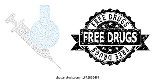 Free Drugs scratched stamp seal and vector chemical vaccine mesh structure. Black seal has Free Drugs text inside ribbon and rosette. Abstract flat mesh chemical vaccine, built from flat mesh.