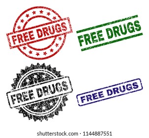 FREE DRUGS seal prints with damaged surface. Black, green,red,blue vector rubber prints of FREE DRUGS label with scratched surface. Rubber seals with circle, rectangle, medal shapes.