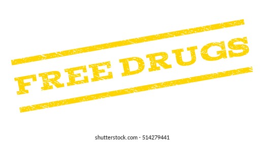 Free Drugs watermark stamp. Text caption between parallel lines with grunge design style. Rubber seal stamp with dirty texture. Vector yellow color ink imprint on a white background.