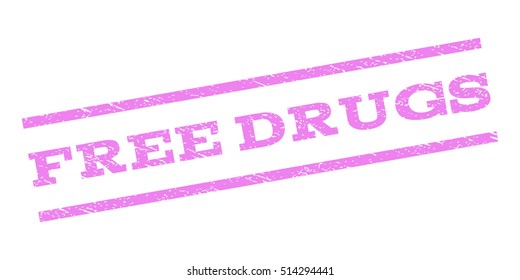 Free Drugs watermark stamp. Text tag between parallel lines with grunge design style. Rubber seal stamp with dirty texture. Vector violet color ink imprint on a white background.