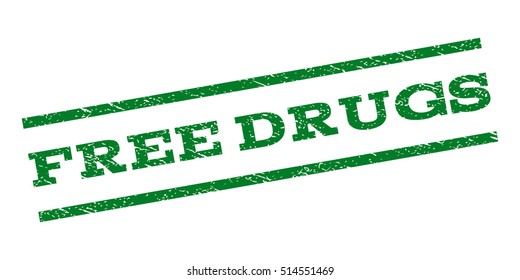 Free Drugs watermark stamp. Text tag between parallel lines with grunge design style. Rubber seal stamp with scratched texture. Vector green color ink imprint on a white background.