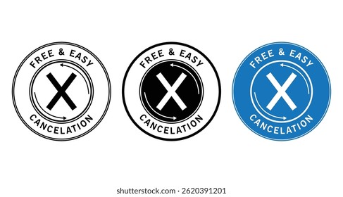 free and easy cancelation round label badges in black, white, and blue, with bold x symbol in center design	