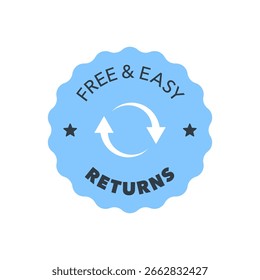 Gratuito e fácil retorna o crachá com setas circulares e azul escalopado Design Vetor Ilustração