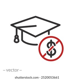 free education icon, graduate cap and crossed out dollar, tuition free, thin line web symbol on white background - editable stroke vector illustration eps10