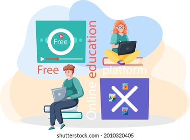 Free education, students study by webinar training with video session, tutorial podcast vector banner. E-learning platform and online courses on laptop and smartphone, innovative lecture concept