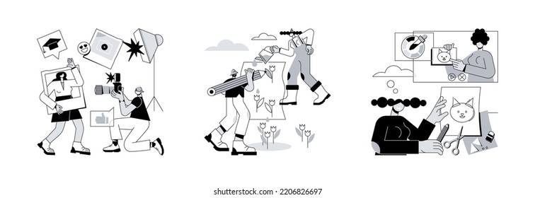 Free educational courses abstract concept vector illustration set. Photography and garden workshop, virtual arts and crafts online lessons, improve skills, creative lab, DIY abstract metaphor.