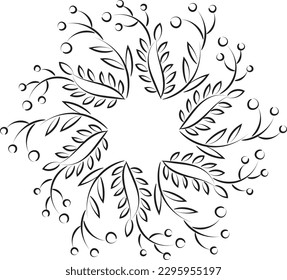 Patrón de bordado libre. Wreath de hojas imprimibles. Flor floral blanca y negra dibujada a mano