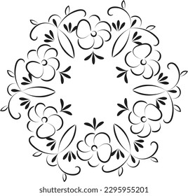 Free Embroidery Pattern. Printable Leaves Wreath. Hand drawn black and white floral wreath