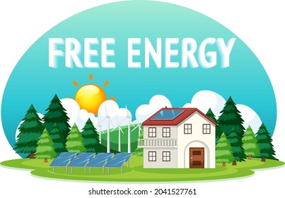 Energía libre generada por turbinas eólicas e ilustración de paneles solares