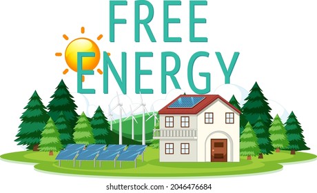 Free energy generated by wind turbine and solar panel illustration