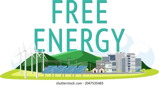 Free energy generated by wind turbine and solar panel illustration