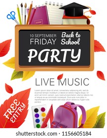 Free Entry, Back To School Party Flyer Design With Graduation Cap, Books, Fall Foliage And School Supplies. Text Can Be Used For Leaflets, Brochures, Banners, Posters