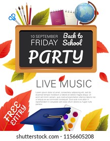 Free Entry, Back To School Party Flyer Design With Globe, Graduation Cap, Fall Foliage And School Supplies. Text Can Be Used For Leaflets, Brochures, Banners, Posters