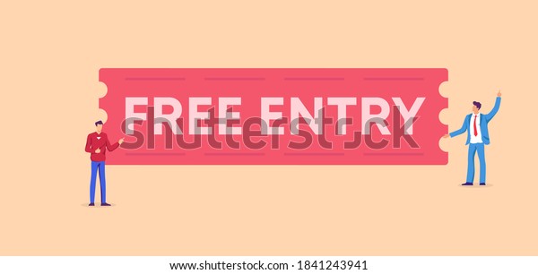 Free entry banner. Affordable red access free\
attendance at festive event with admission for all cultural benefit\
concert for general masses marketing creative trick attract vector\
visitors.