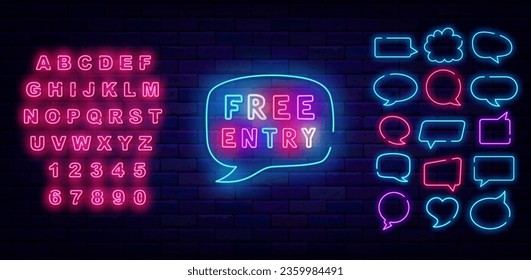 Free entry neon label. Unpaid entrance for club. Colorful handwritten text. Speech bubbles frames set. Welcome sign on brick wall. Shiny pink alphabet. Editing text. Vector stock illustration