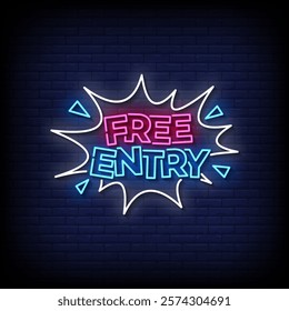 free entry neon sign with brick wall background vector
