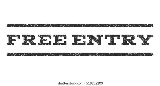 Free Entry watermark stamp. Text tag between horizontal parallel lines with grunge design style. Rubber seal stamp with unclean texture. Vector gray color ink imprint on a white background.