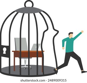 Free, escape for freedom, resign from the toxic workplace or retirement concept, quit the day job to start a new business, confident entrepreneur escaping from toxic workbench birdcage.