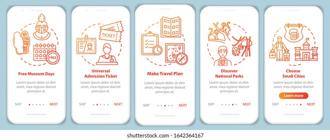 Free excursions onboarding mobile app page screen with concepts. Trip plan. Museum pass. Budget tourism walkthrough five steps graphic instructions. UI vector template with RGB color illustrations