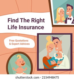 Free expert advice and quotations, find right insurance for life, property and family. Protection and security, support policy saving in case of accidents. Banner or poster, vector in flat style