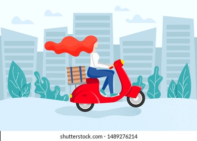 Free Express city pizza delivery on scooter. Fast shipment concept. Redhead girl courier rides a moped with stack of boxes. Delivery service poster with female character. Vector illustration