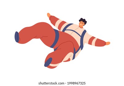 Free fall of happy active man. Person smiling during skydiving jump. Skyjumper floating in air and flying down. Colored flat vector illustration of parachutist isolated on white background