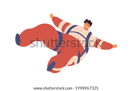 Free fall of happy active man. Person smiling during skydiving jump. Skyjumper floating in air and flying down. Colored flat vector illustration of parachutist isolated on white background