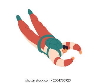 Free fall of happy man. Person flying down with thumb up during skydiving jump. Skydiver floating in air. Parachutist fly. Flat vector illustration of freefall isolated on white background
