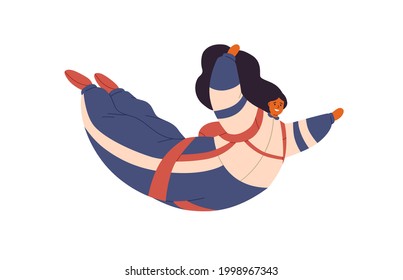 Free fall with parachute of happy woman. Female character flying down during skydiving jump. Fearless skyjumper soaring. Colored flat vector illustration parachutist isolated on white background