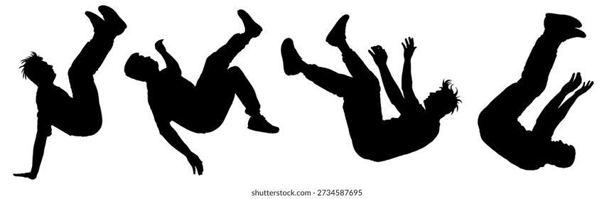 Free fall of a person from a height. Man falling silhouette set depicting plummeting movement. Man silhouettes falling or dropping down against a white background. Vector illustration
