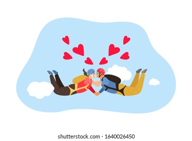 Free fall. Skydiving hobby, couple falling in love metaphor. Man and woman kiss in flying vector illustration