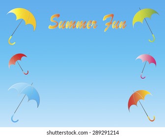 Free falling umbrellas, on sides, from sky with summer fun wording for summer time. Vector format. 

