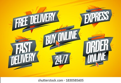 Free and fast delivery, express, buy online, order online, 24/7 - vector marketing symbols set