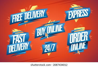 Free and fast delivery, express, buy online, order online - vector symbols or stickers collection