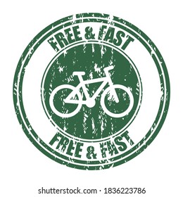 Free and fast delivery rubber stamp. Vector grunge rubber seal, service express print, courier bicycle illustration, shipping order icon, receiving pizza ink