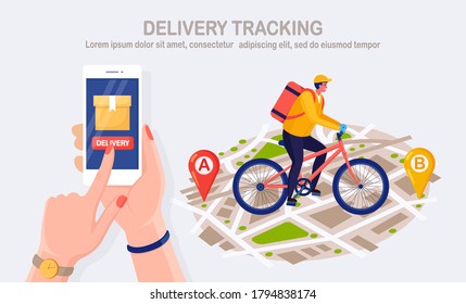 Free fast delivery service by bicycle. Courier delivers food order. Hand hold phone with mobile app. Online package tracking. Man travels with a parcel on the map. Express shipping. Vector design