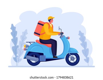 Free fast delivery service by scooter. Courier delivers food order. Man travels with a parcel. Express shipping. Online package tracking. Vector cartoon design