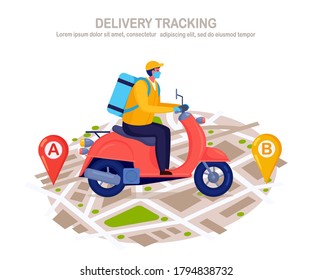 Servicio de entrega rápido y gratuito por scooter. Courier entrega el pedido de comida. Un hombre con una máscara facial respiradora con un paquete viaja en un mapa. Prevención del coronovirus, Covid-19. Diseño de dibujos animados