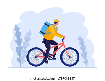 Free fast delivery service by bicycle. Courier delivers food order. Man travels with a parcel. Online package tracking. Express shipping. Vector design