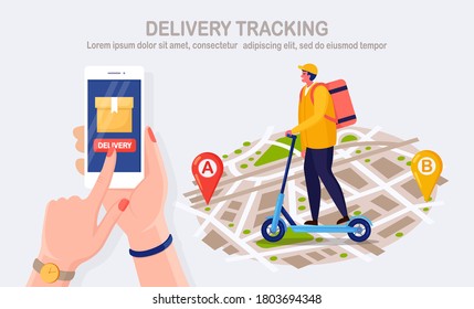 Free fast delivery service by kick scooter. Courier delivers food order. Hand hold phone with mobile app. Online package tracking. Man travels with a parcel on map. Vector cartoon design