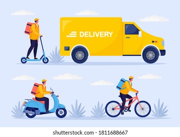 Free fast delivery service by bicycle, scooter, kick scooter, truck, van. Courier delivers food order by auto. Man travels with a parcel. Online package tracking. Express shipping. Vector design