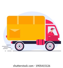 Free fast delivery service by yellow truck, van. courier delivers food order by auto. 