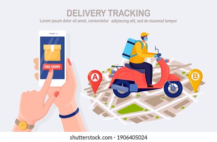 Free fast delivery service by scooter. Courier delivers food order. Hand hold phone with mobile app. Online package tracking. Man travels with a parcel on the map. Express shipping. Vector design