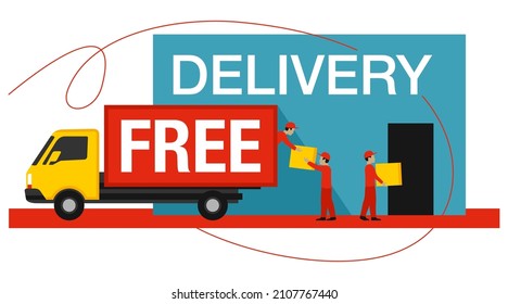 Free and fast delivery service conceptual illustration - loaders and door-to-door service - vector illustration
