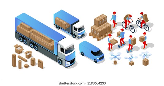 Free fast delivery,Innovation technology in transportation. Drone, giro board, bicycle delivery vector isometric illustration 3d