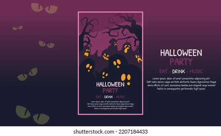 Free Flat vector illustration design scary   funny halloween invitation poster and ghosts  eyes   spooky trees  There is colorful background behind and modern gradients 